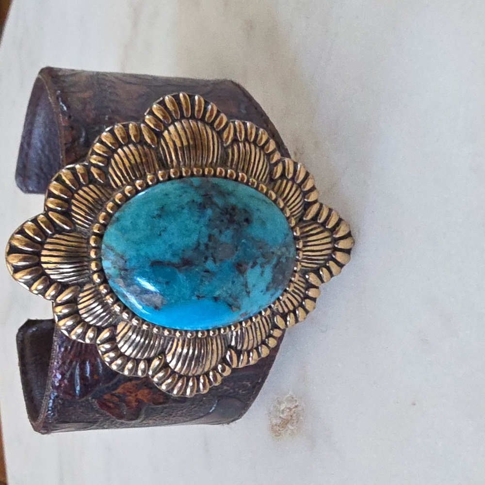 Barse turquoise and tooled brown leather cuff bracelet  with silver hardware - Picture 3 of 8
